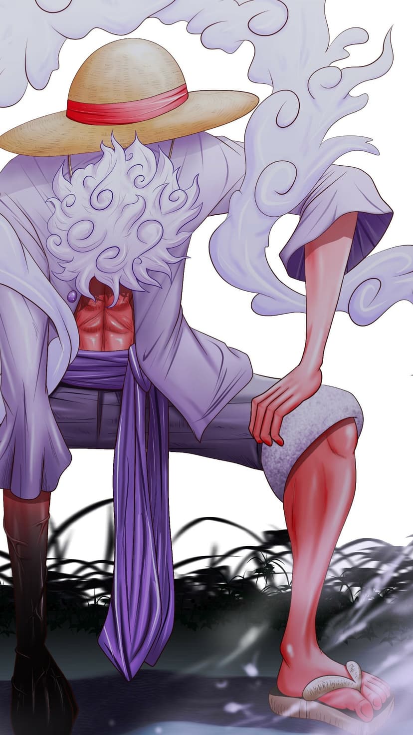 Monkey D. Luffy with white hair and a straw hat laughs amidst glowing clouds during his Gear 5 transformation.