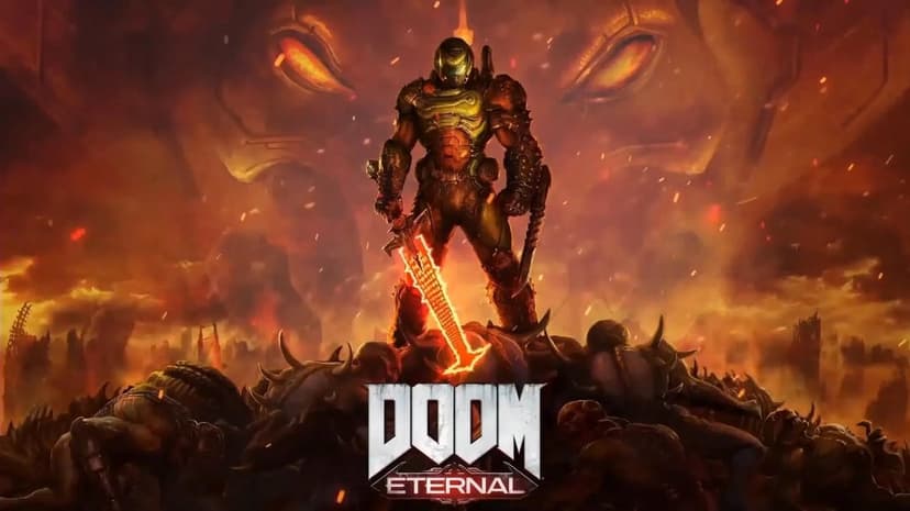 Doom Slayer standing on a pile of demons holding a glowing orange sword against a fiery hellscape backdrop.