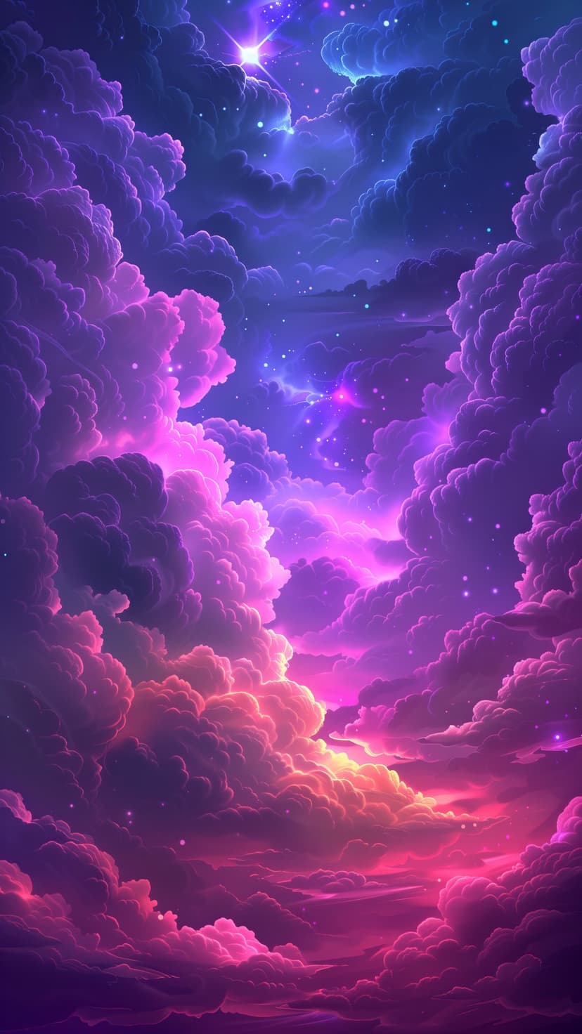 Swirling magenta and purple nebula clouds scattered with bright white stars and shimmering stardust particles.