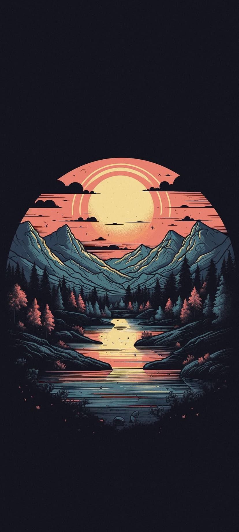 Radiant sun setting behind mountain ridges reflected in a river flowing through a dense forest of pine trees.