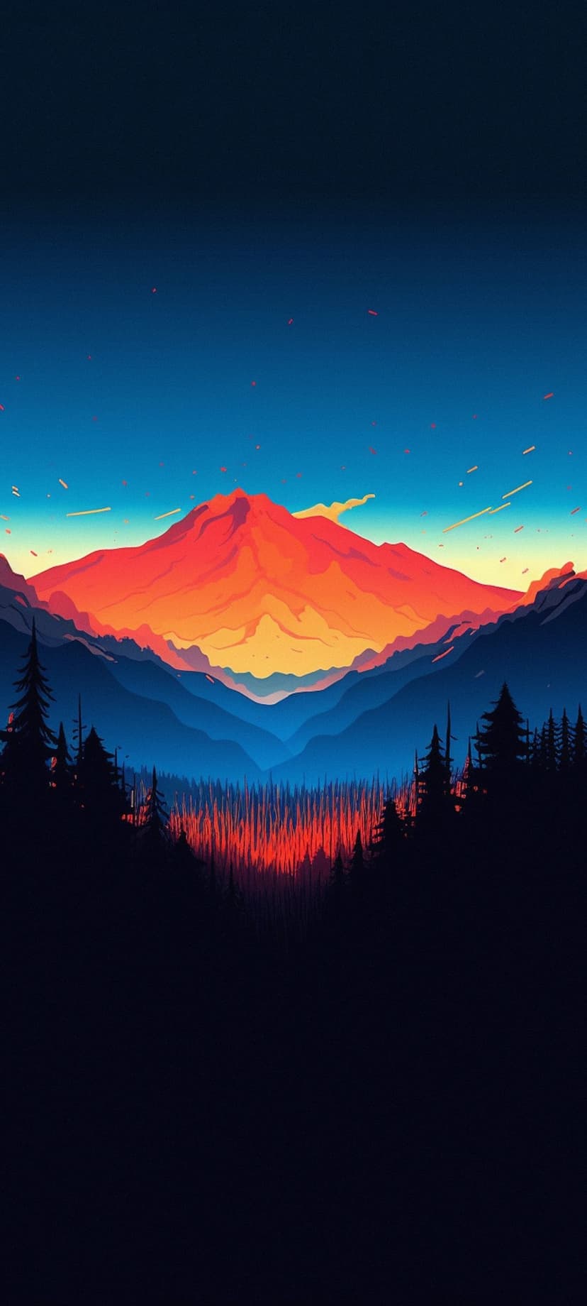 Jagged mountain peaks glow with orange sunset light behind a dark silhouette of pine trees in a vast wilderness.