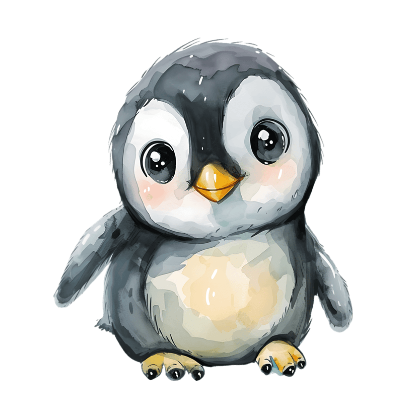 Penguin chick watercolor illustration with large black eyes, yellow beak, and soft grey feathers sitting down.