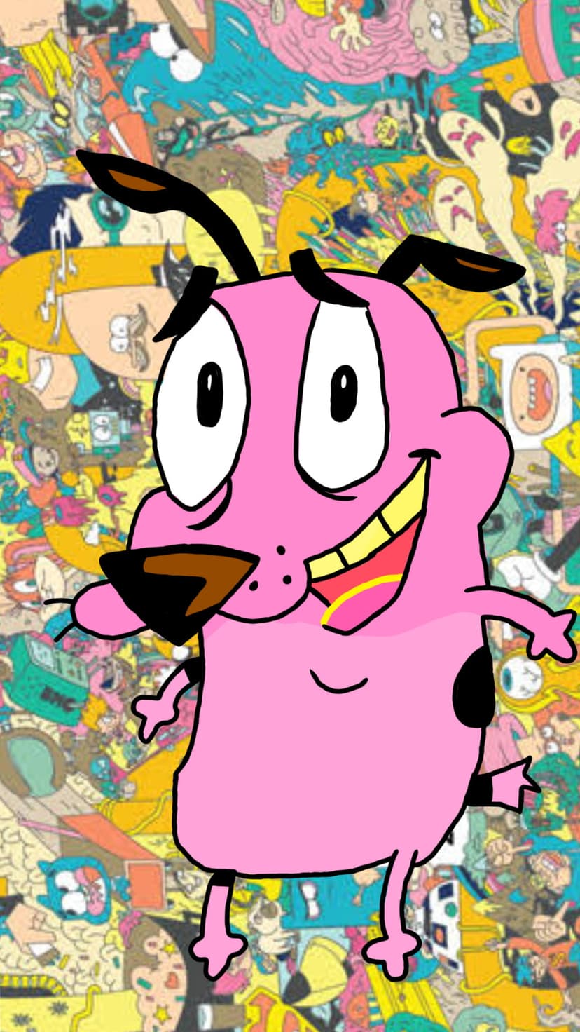 Courage the Cowardly Dog appears startled within a dense collage of animated characters and neon geometric shapes.