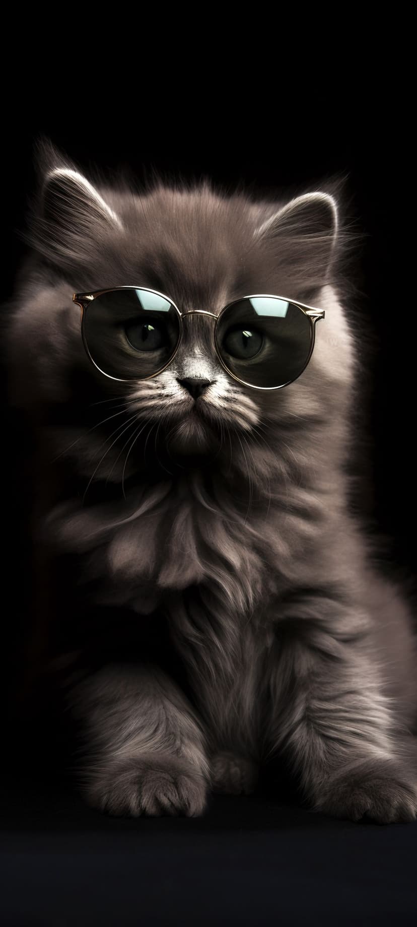 Gray kitten wearing round sunglasses with soft fur and long whiskers against a black studio background.
