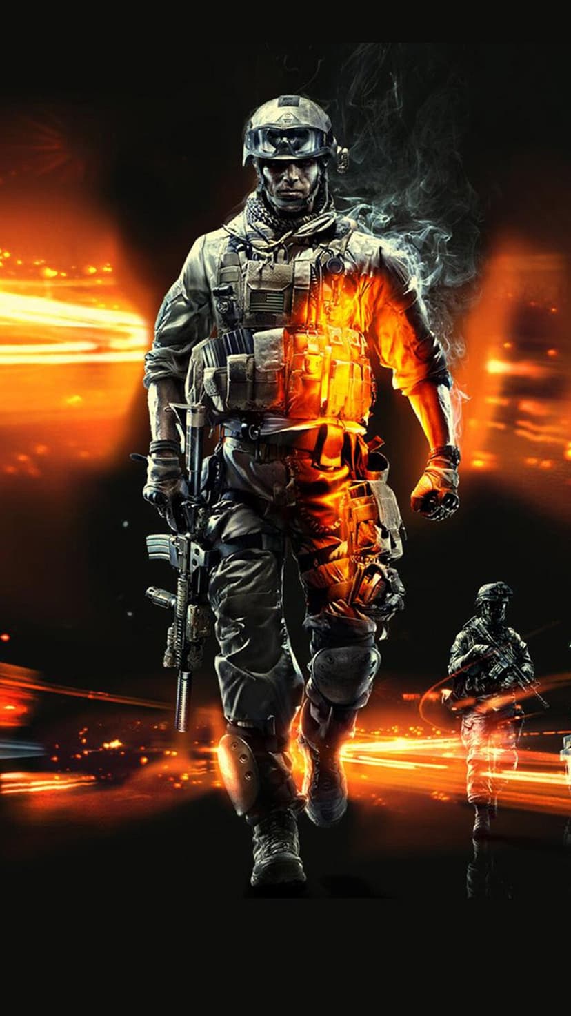 Tactical soldier in combat gear walks forward amidst glowing orange embers and sparks against a dark background.