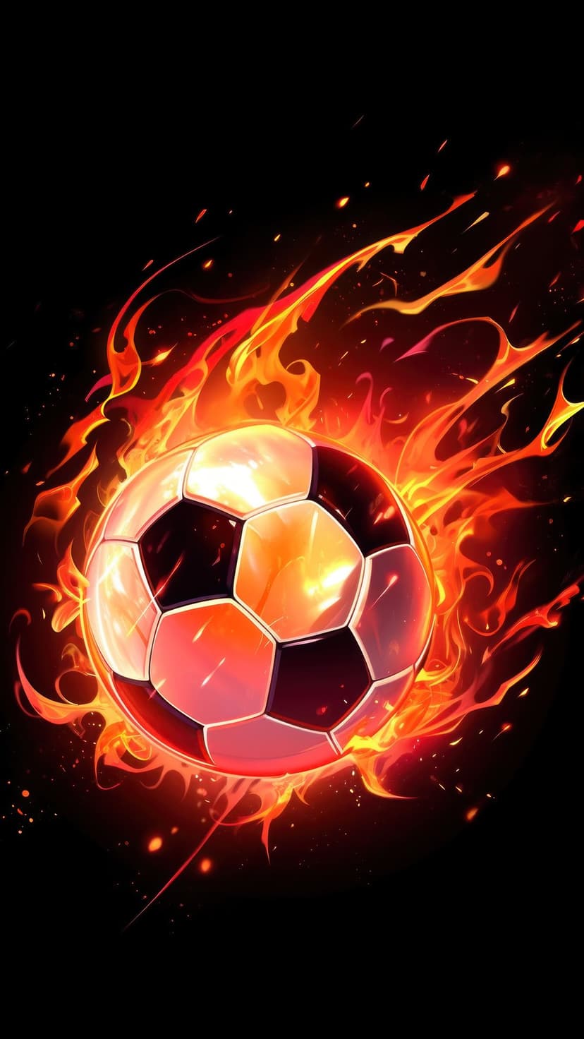 Soccer ball engulfed in orange flames and flying embers against a solid black background in vertical orientation.