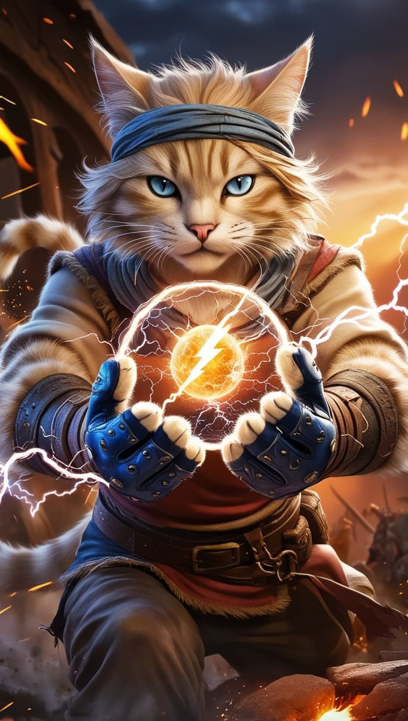 Feline sorcerer in blue headband clutching a glowing lightning orb with electrical arcs on a dark background.