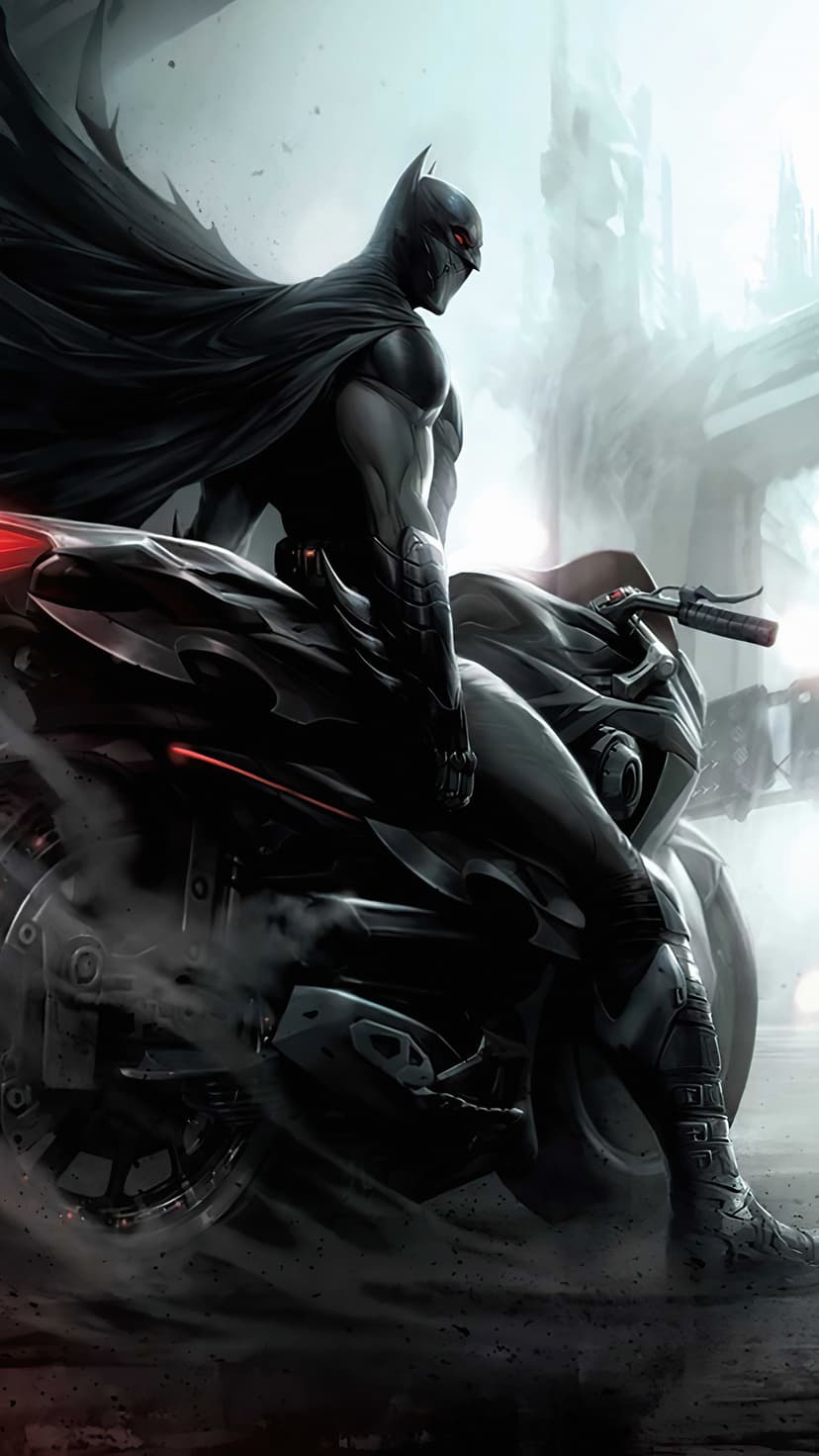 Batman on a tactical motorcycle with red lights, cape flowing against a dark, smoky gothic city backdrop.