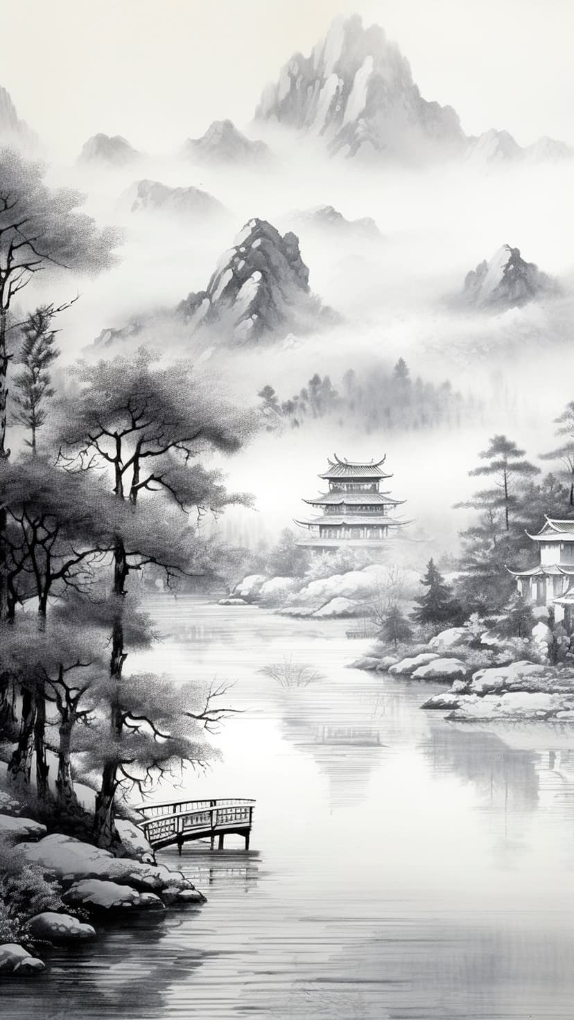 Tiered pagoda and pine trees stand beside a misty lake with distant mountains in a traditional ink wash style.
