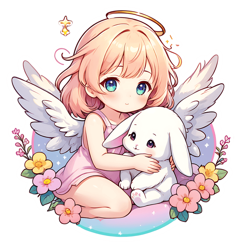 Chibi angel sticker character holding a white rabbit surrounded by pink flowers and a pastel sky background.