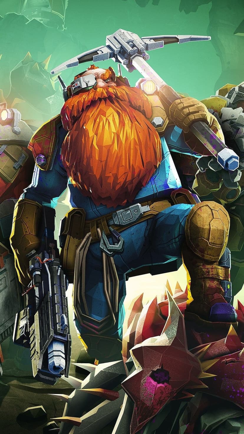 Red-bearded dwarf miner in blue armor holding a pickaxe and rifle over defeated alien creatures.