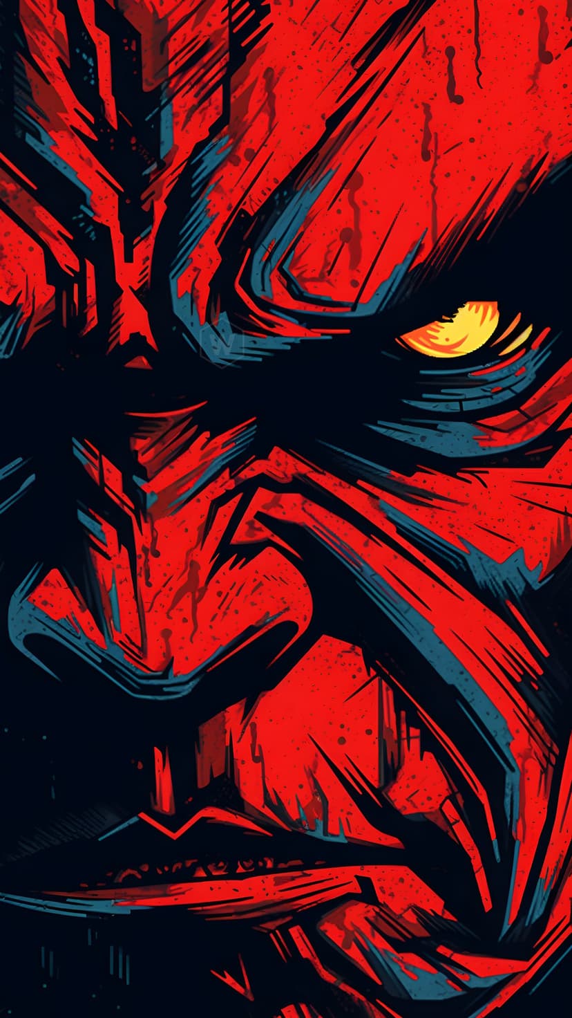 Monstrous face features a piercing yellow eye amidst jagged red and blue shapes on a black vertical surface.
