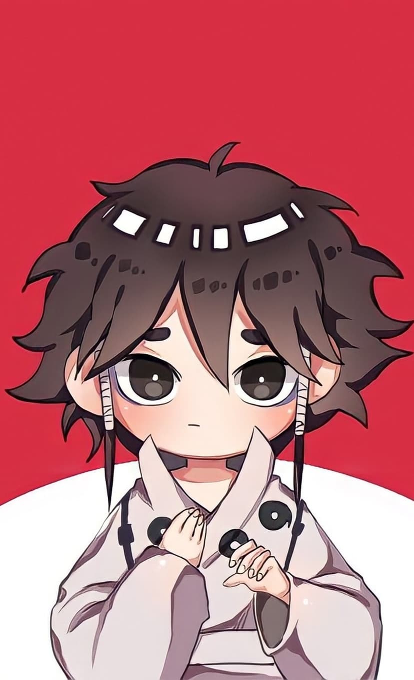 Chibi character with messy dark hair and white highlights posing shyly against a red background and white crescent.