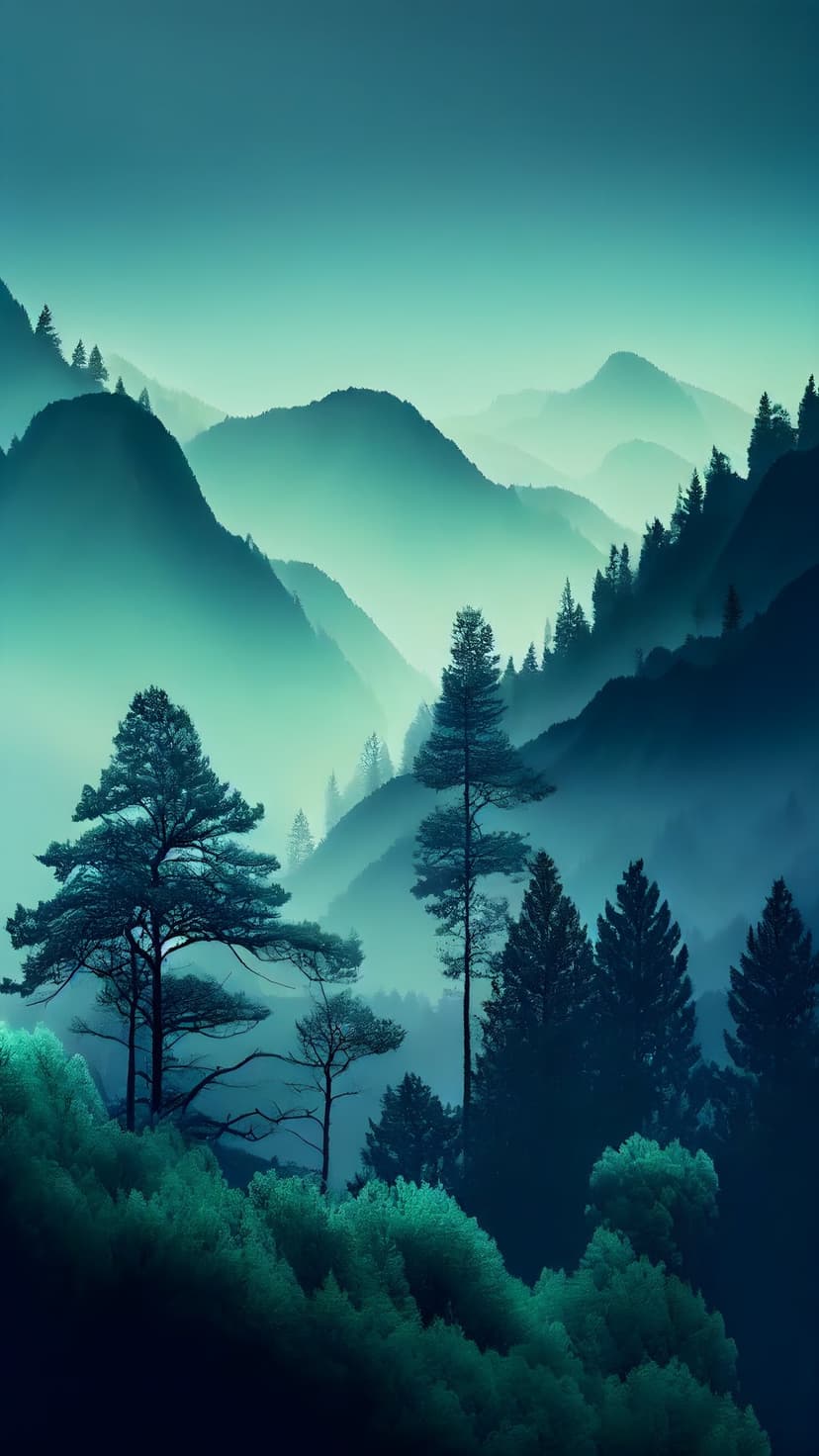 Layered mountain peaks fade into a teal misty sky behind dark silhouettes of pine trees in a foggy wilderness.