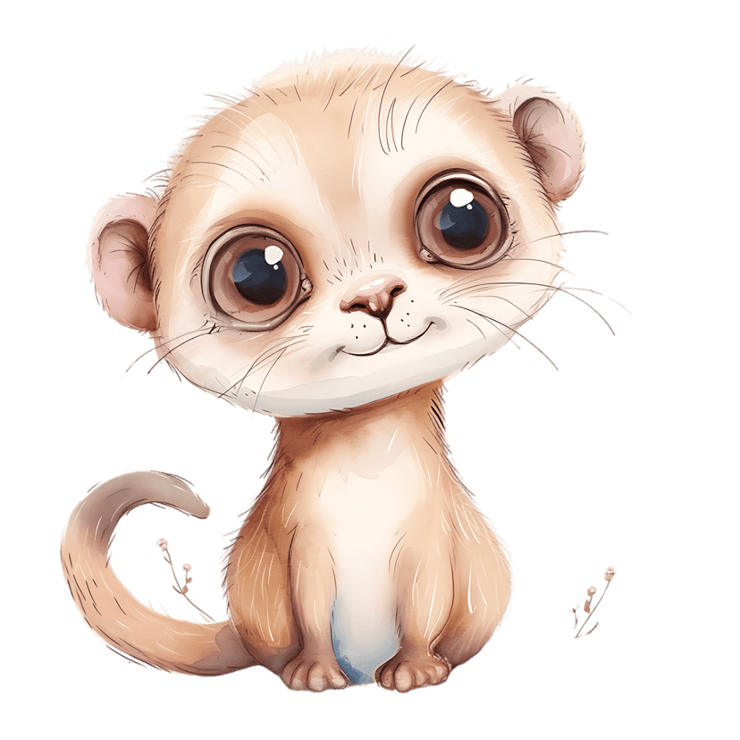 Ferret watercolor illustration with large eyes and pink nose sitting on a solid black background.
