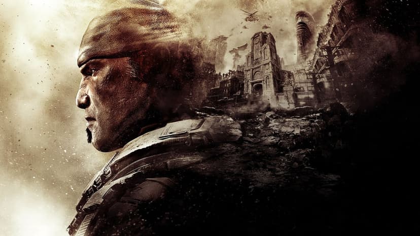 Marcus Fenix profile in a gritty sepia cityscape with a Gothic church, rubble, and helicopters in the smoky sky.