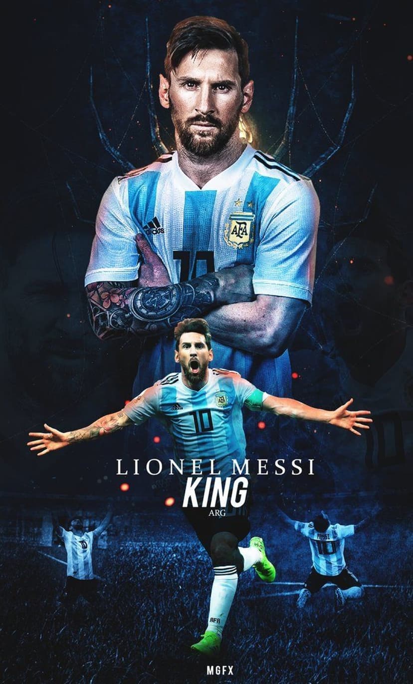 Lionel Messi wearing an Argentina jersey with arms crossed above a smaller action shot on a dark pitch.