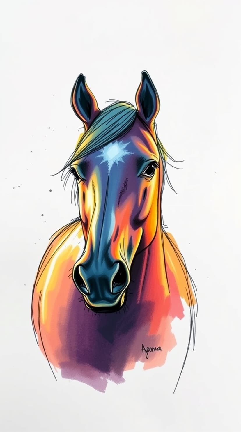 Horse head with orange and purple brushstrokes, a glowing white star on the forehead, and a plain white background.