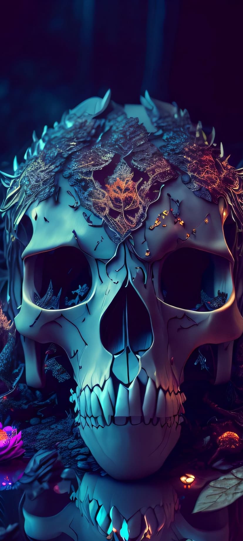 Skull covered in intricate green leaves and white blossoms glows within a misty, dark forest at night.