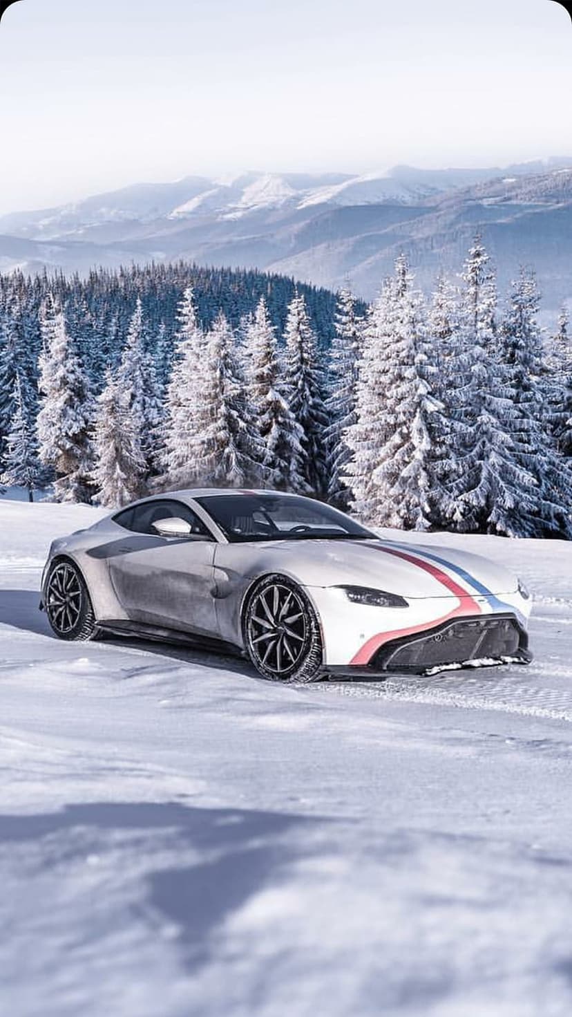 Aston Martin Vantage with red and blue racing stripes parked on a snowy road beside frost-covered pine trees.