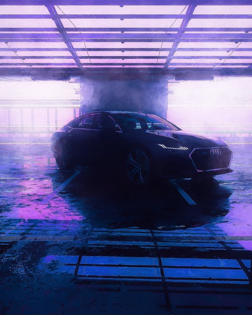 Black Audi sedan rests in a damp futuristic bay with glowing violet and blue neon reflections on its chassis.