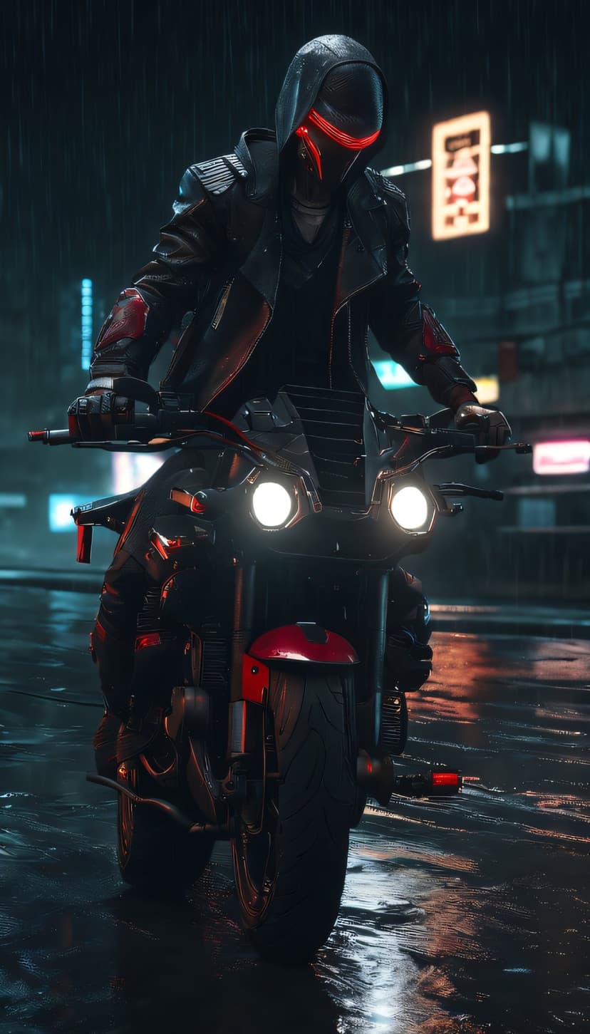 Masked motorcyclist in a hooded jacket rides through neon-lit rainy streets with glowing red accents and reflections.