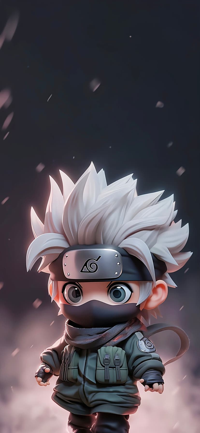 Kakashi Hatake chibi figure with spiky white hair and a green vest standing amidst glowing golden particles.