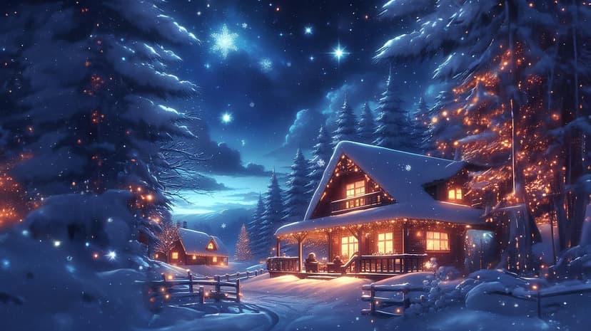 Winter cabin sits under starry night sky surrounded by snow and pine trees with glowing yellow windows.