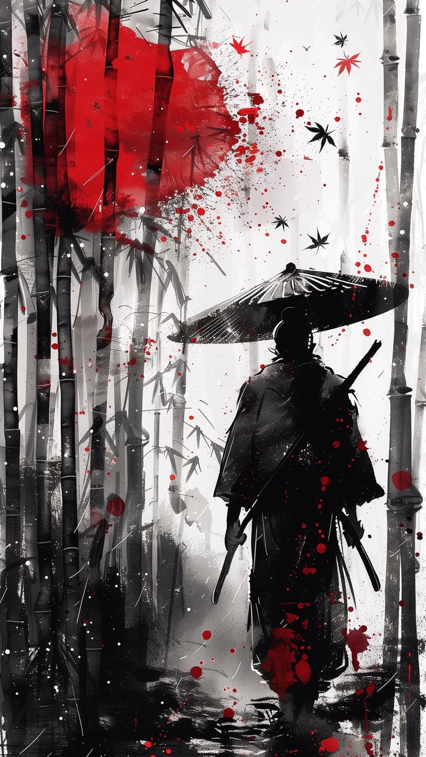 Samurai warrior seen from behind carries an umbrella through a bamboo grove with red ink sun and splatters.