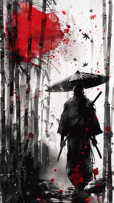 Samurai warrior in bamboo forest with red accents