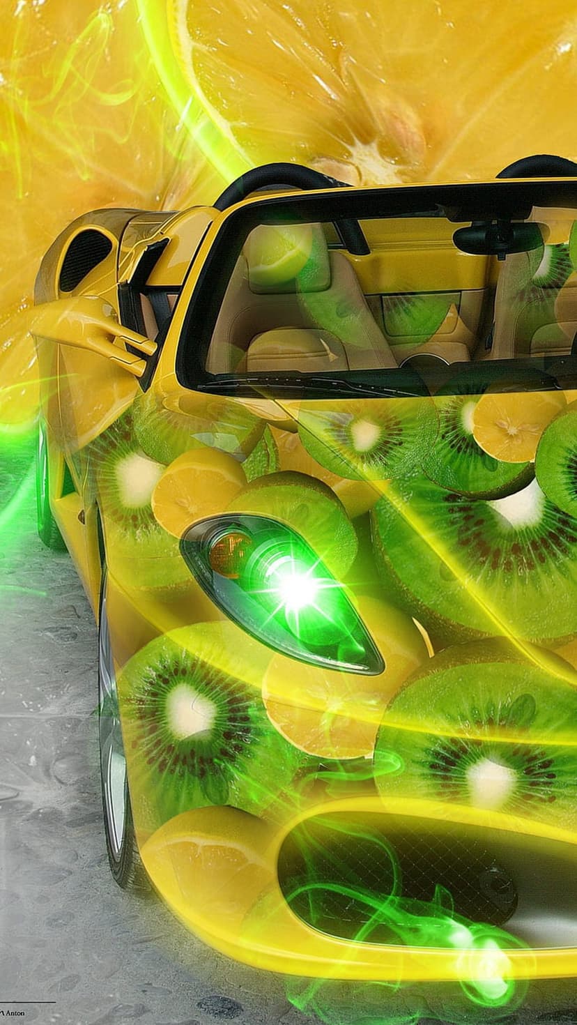 Yellow sports car with kiwi and lemon slice decals, green glowing headlights, and a convertible top.