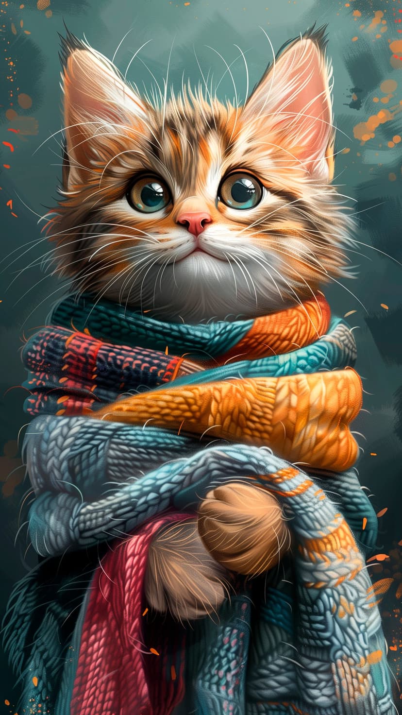 Fluffy kitten with green eyes wearing a multi-colored knitted scarf against a blurred autumn leaf background.