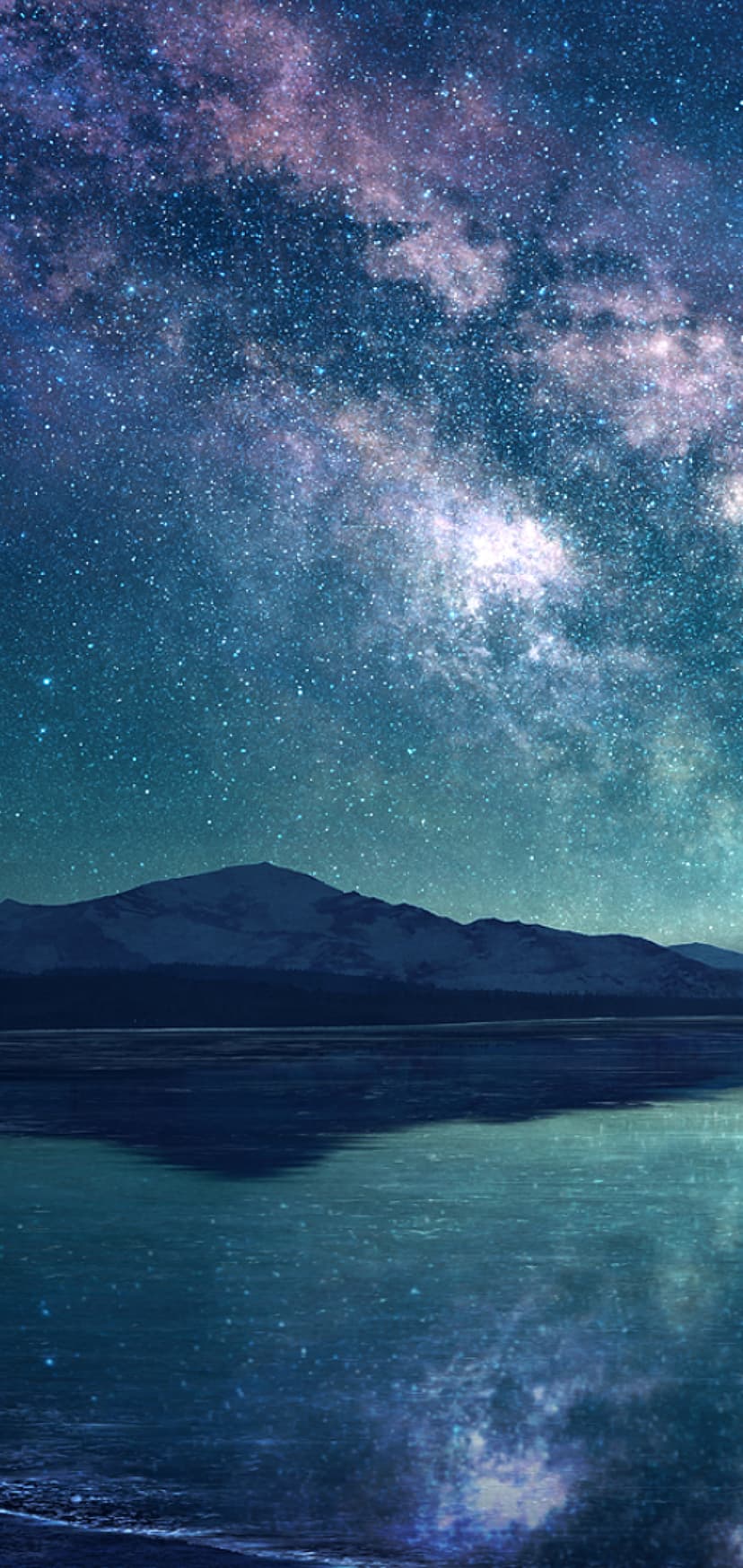 Milky Way stars reflect on a frozen lake surface with silhouetted snow-capped mountains under a dark night sky.