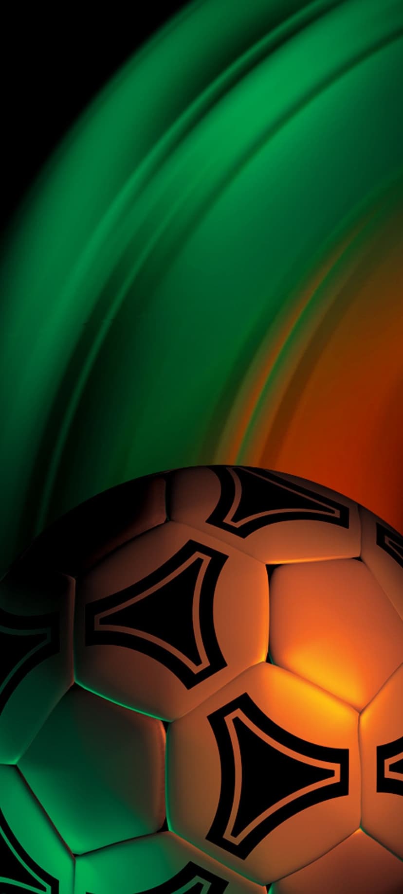 Soccer ball with black panels glows under vibrant green and orange lights amidst abstract flowing neon curves.