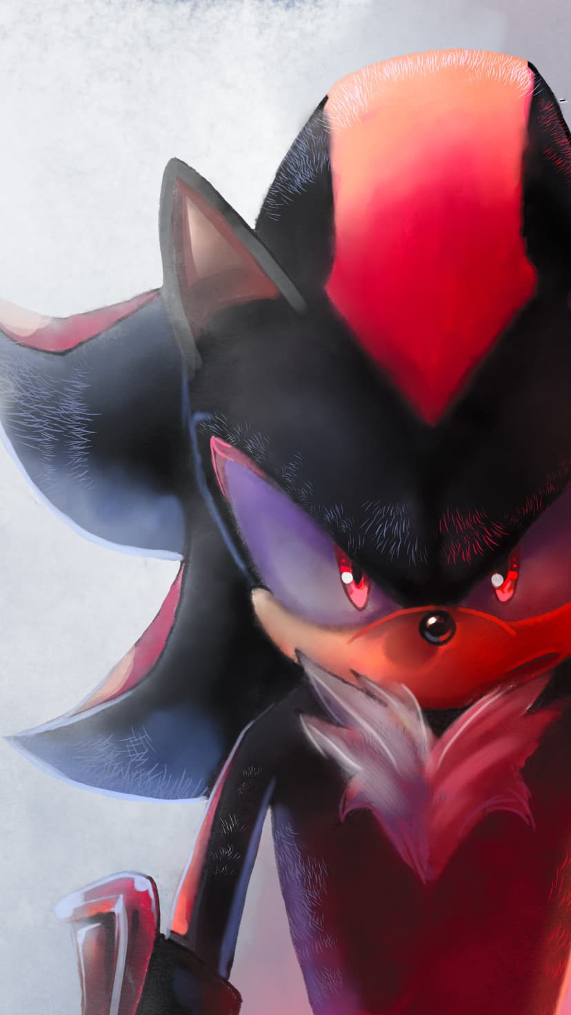 Shadow the Hedgehog with glowing red eyes, purple facial markings, and sharp black and red quills in a close-up.