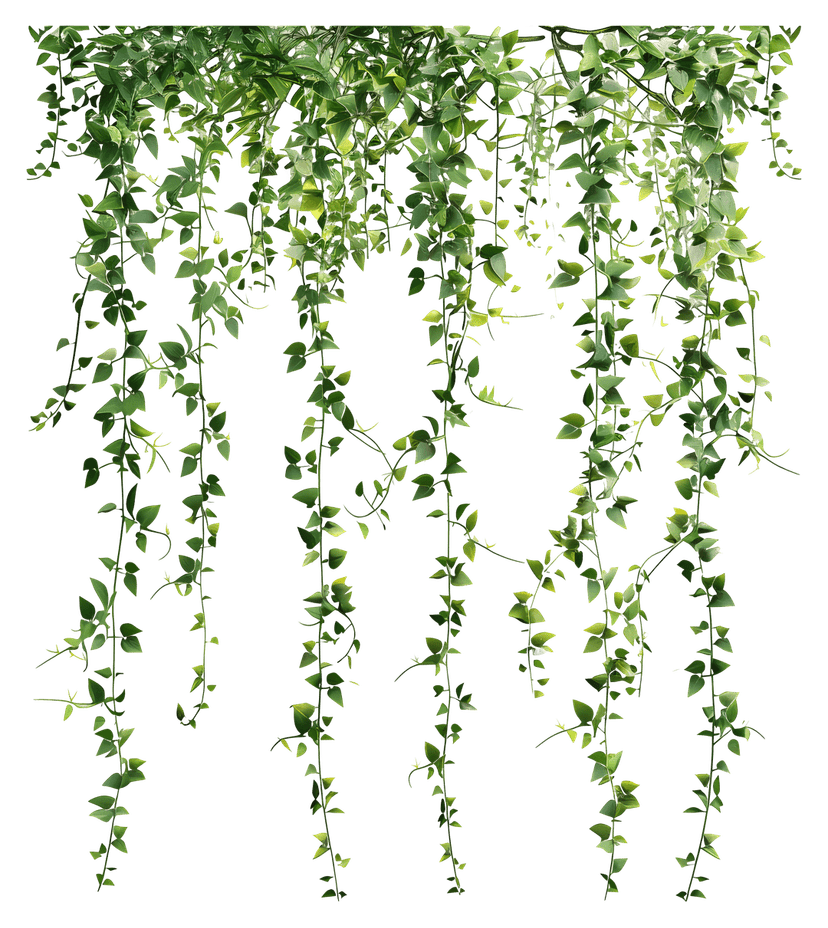 Trailing ivy leaves hang down vertically featuring realistic textures and vibrant green organic stems.