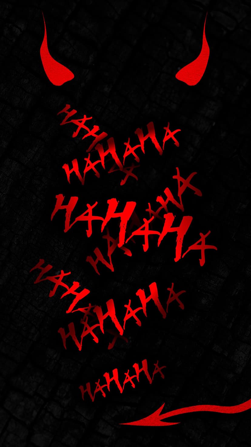 Red HAHAHA text with devil horns and a pointed tail set against a distressed dark black textured background.