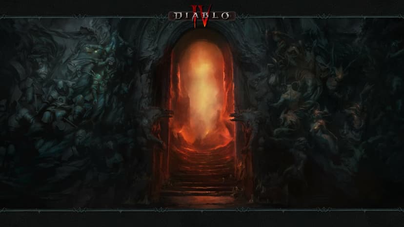 Glowing orange portal between dark stone carvings of knights and demons under a Diablo IV logo.