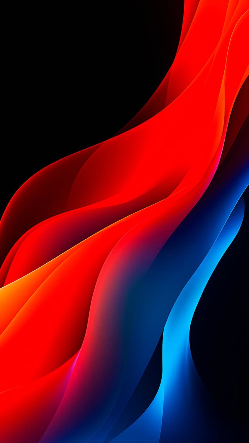 Glowing red and blue ribbons of light swirl together against a solid black background in a fluid motion.