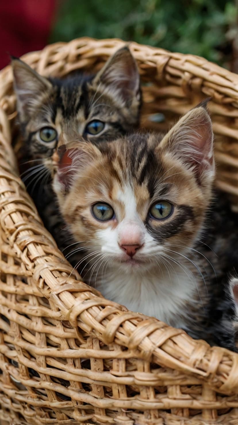 Tabby and calico kittens peer from a woven wicker basket with soft fur and bright green eyes in close-up detail.
