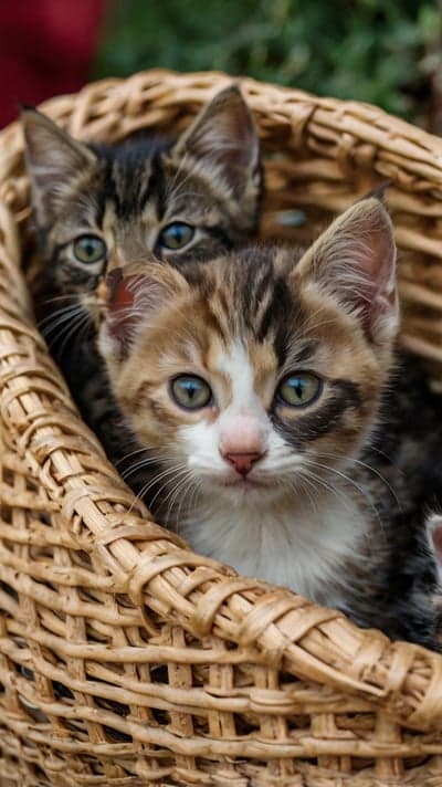 Two Adorable Kittens Peeking Out of a Wicker Basket