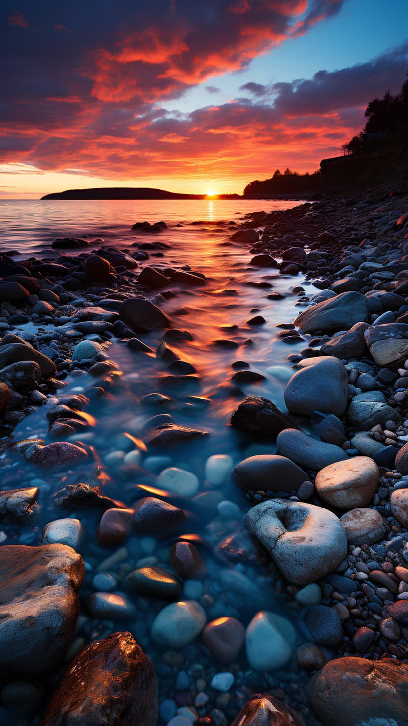Glowing orange sunset clouds reflect in a small stream flowing over dark pebbles on a scenic coastal shoreline.