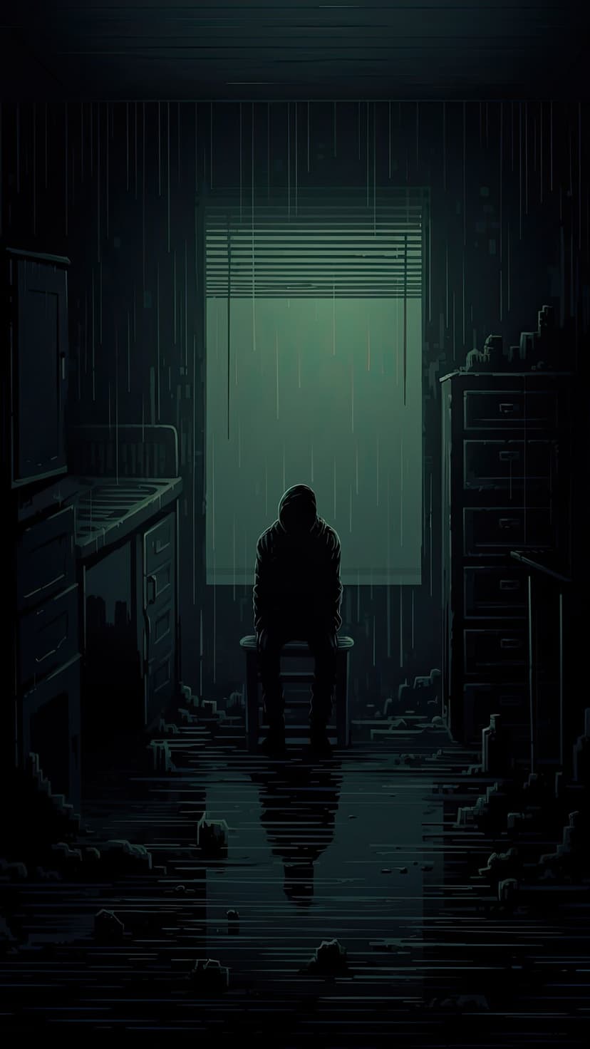 A person sits in silhouette on a stool facing a rainy window with reflections on a dark, wet interior floor.
