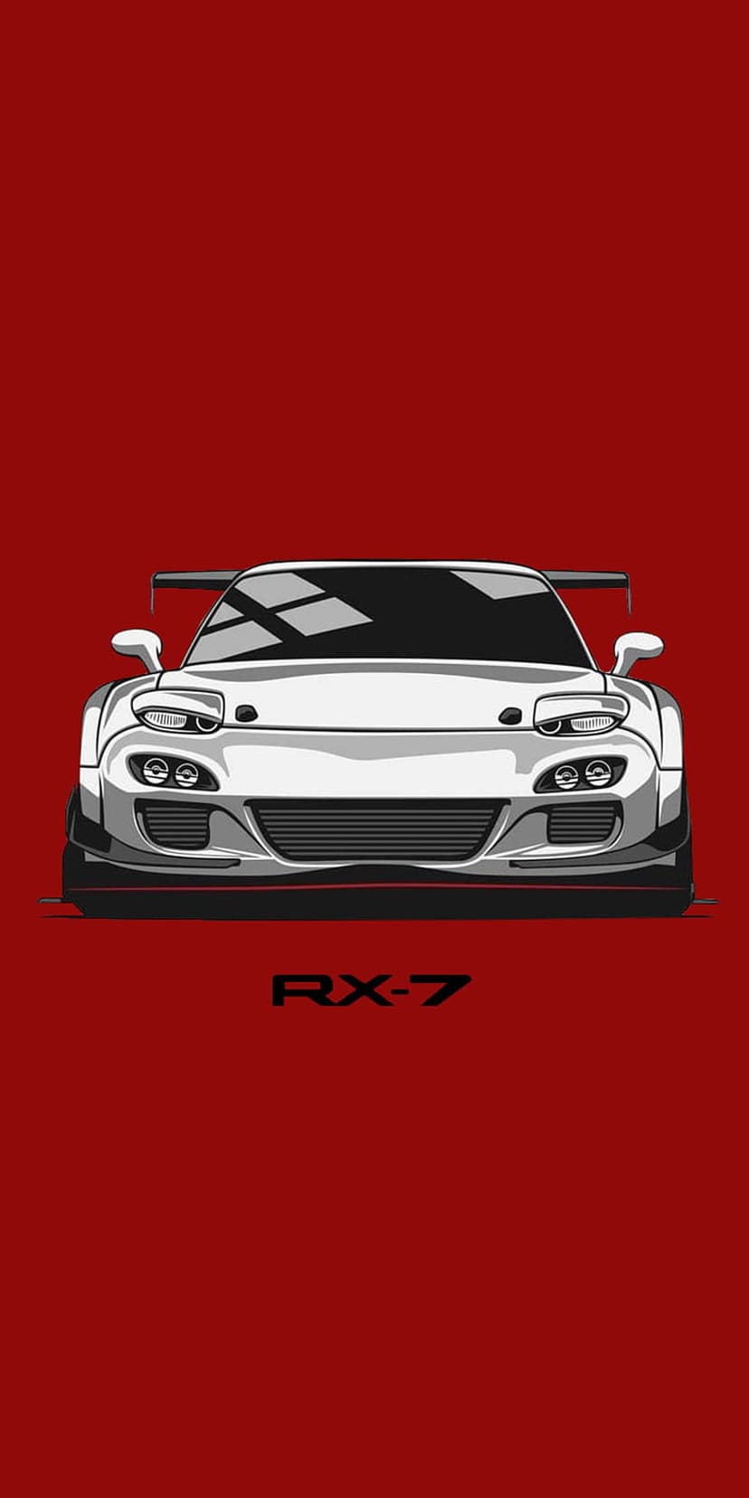 White Mazda RX-7 sports car with a rear spoiler on a solid red background with black model text below.
