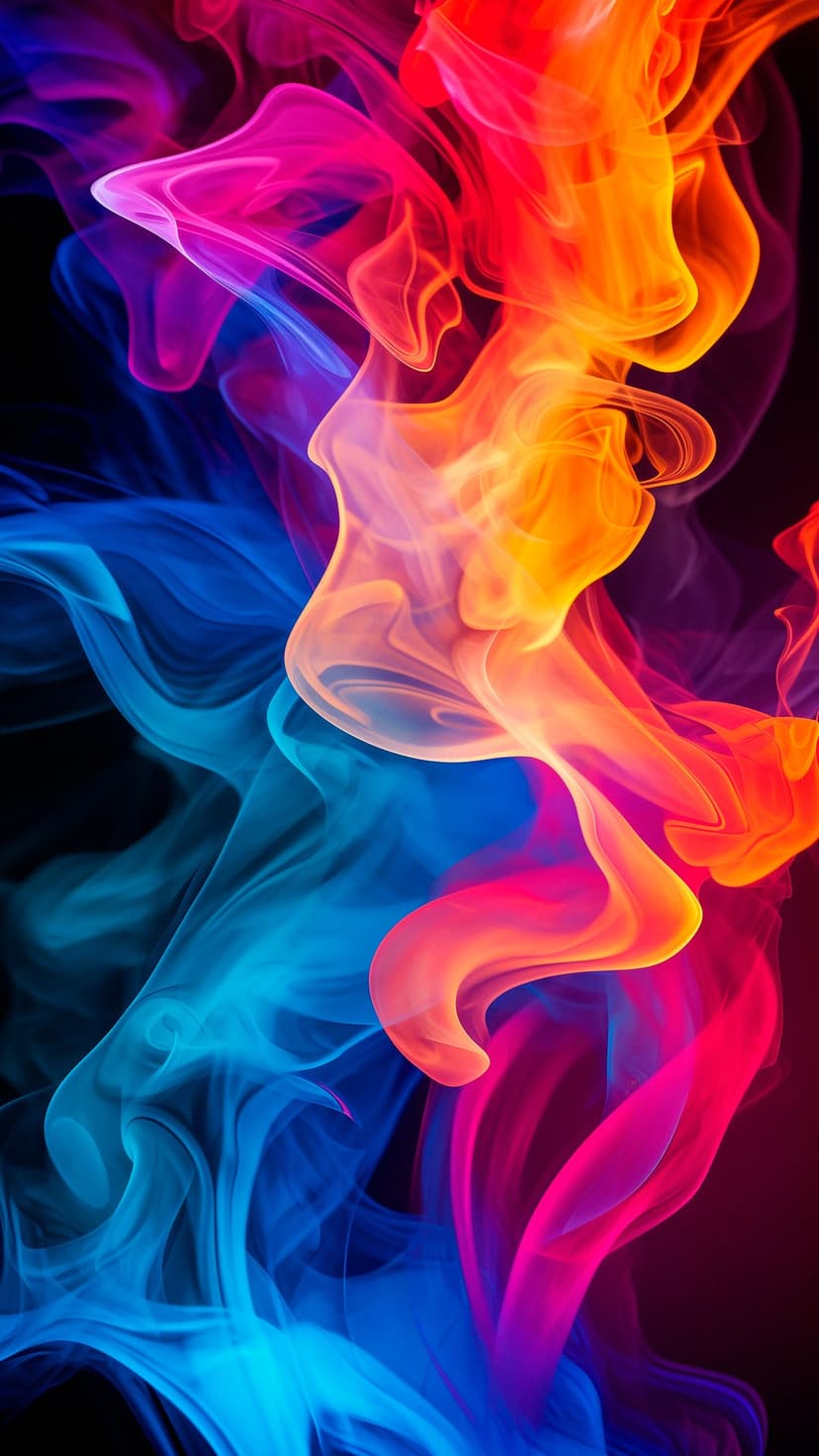 Electric blue, magenta, and orange vapor plumes intertwine and spiral against a stark black background.