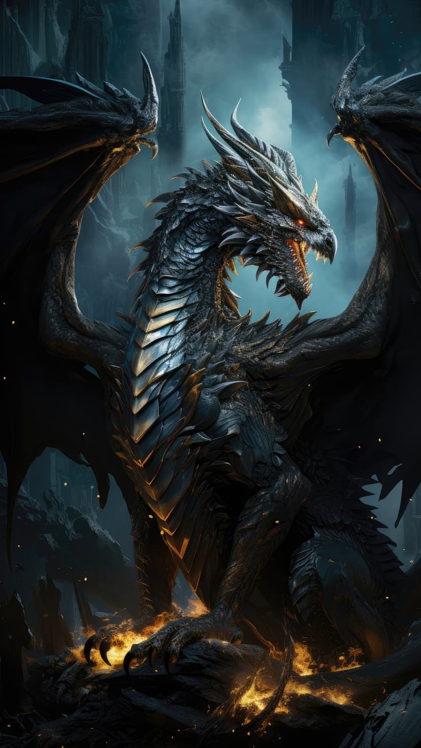 Black armored dragon roaring with glowing red eyes amidst volcanic embers and jagged dark stone cliffs.