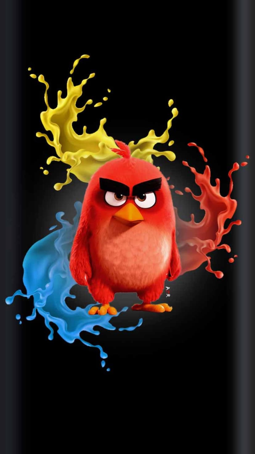Angry Red Bird character glares from a dark void surrounded by vibrant yellow and blue liquid paint explosions.
