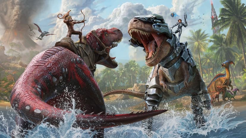 ARK Survival Ascended wallpaper featuring a giant T-Rex standing in a lush prehistoric jungle with 4K detail.