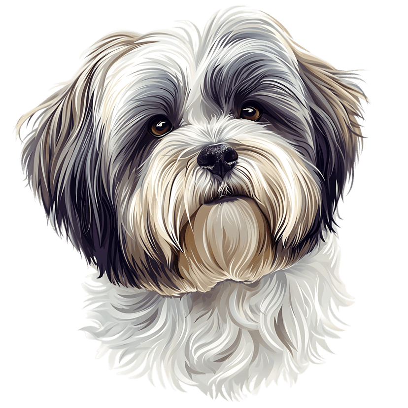 Shih Tzu dog portrait featuring detailed white and brown fur texture with expressive eyes on a black background.