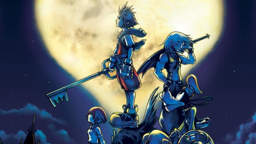 Sora, Riku, and Kairi stand before a giant heart-shaped moon in a dark blue night sky with cyan rim lighting.
